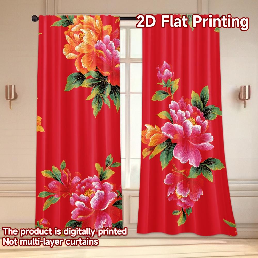 Set Of 2 Flat Printing Curtains Without Rod Floral Pattern Red Valentine Is Day Festival Popular Drapes Versatile Made Polyester