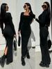 European-American Autumn Sexy Slimming Square Neck Slit Dress - Kardashian Style