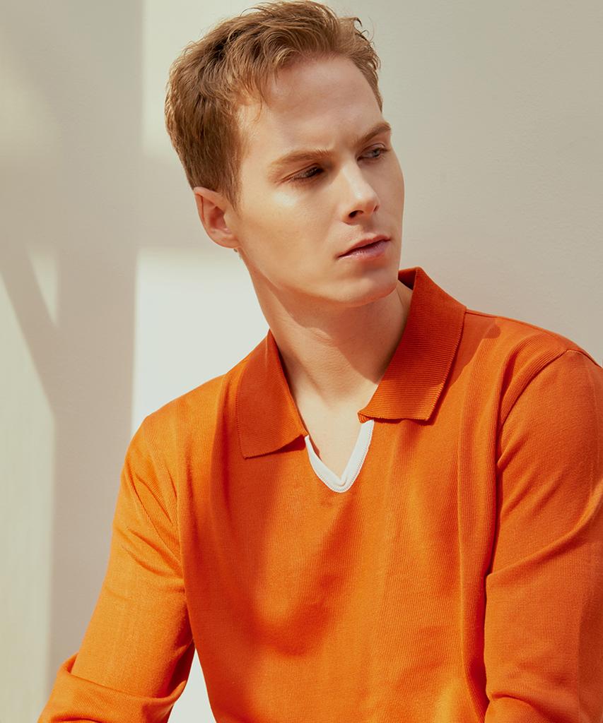 DEVERRMAN V-Neck Contrast Polo Knit (Orange)