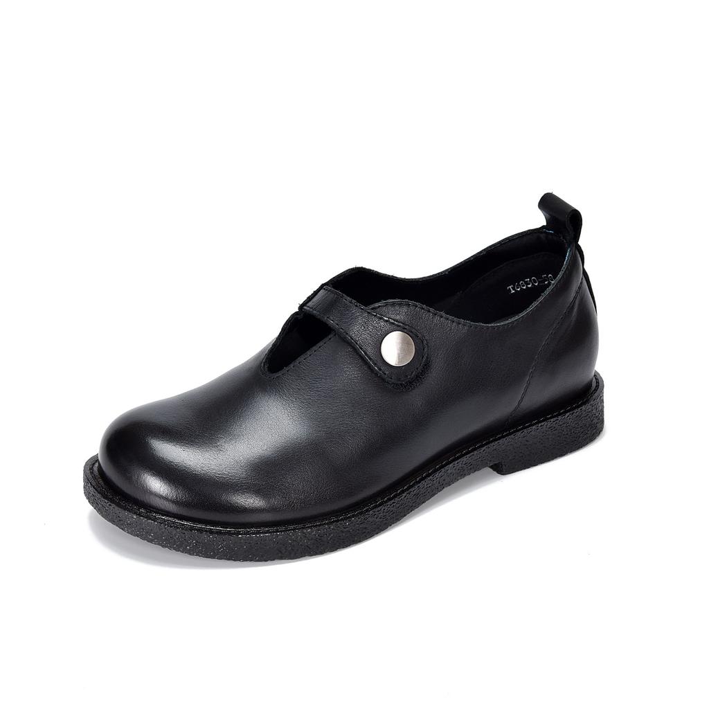Johnature Retro Versatile Loafers Round Toe Genuine Leather Women's Low Heel Shoes