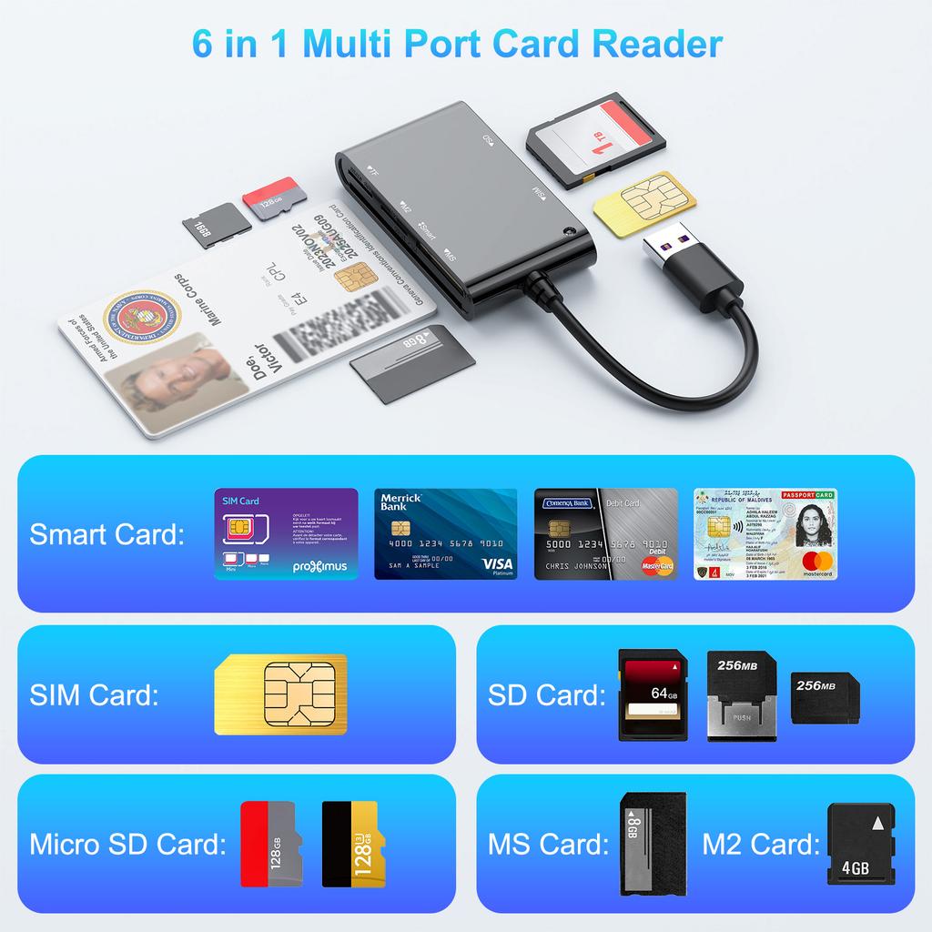 CR375-B 6-in-1 Multi-USB Smart Card Reader for Smart/MS/M2/TF/SIM/SD Cards Adapter Hub for Windows, Mac, Linux