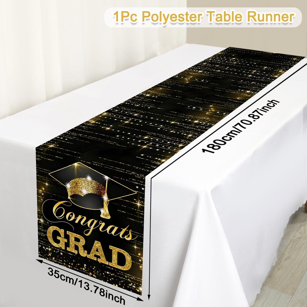 Black Gold Graduation Polyester Table Runner Congrats Grad Tassel Design Table Cover for 2026 Graduation Party Table Decorations (as the picture,35*180cm)