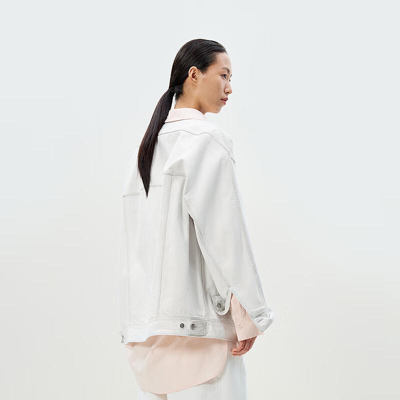 LESS Women's Loose Fit Collarless Longline Denim Jacket