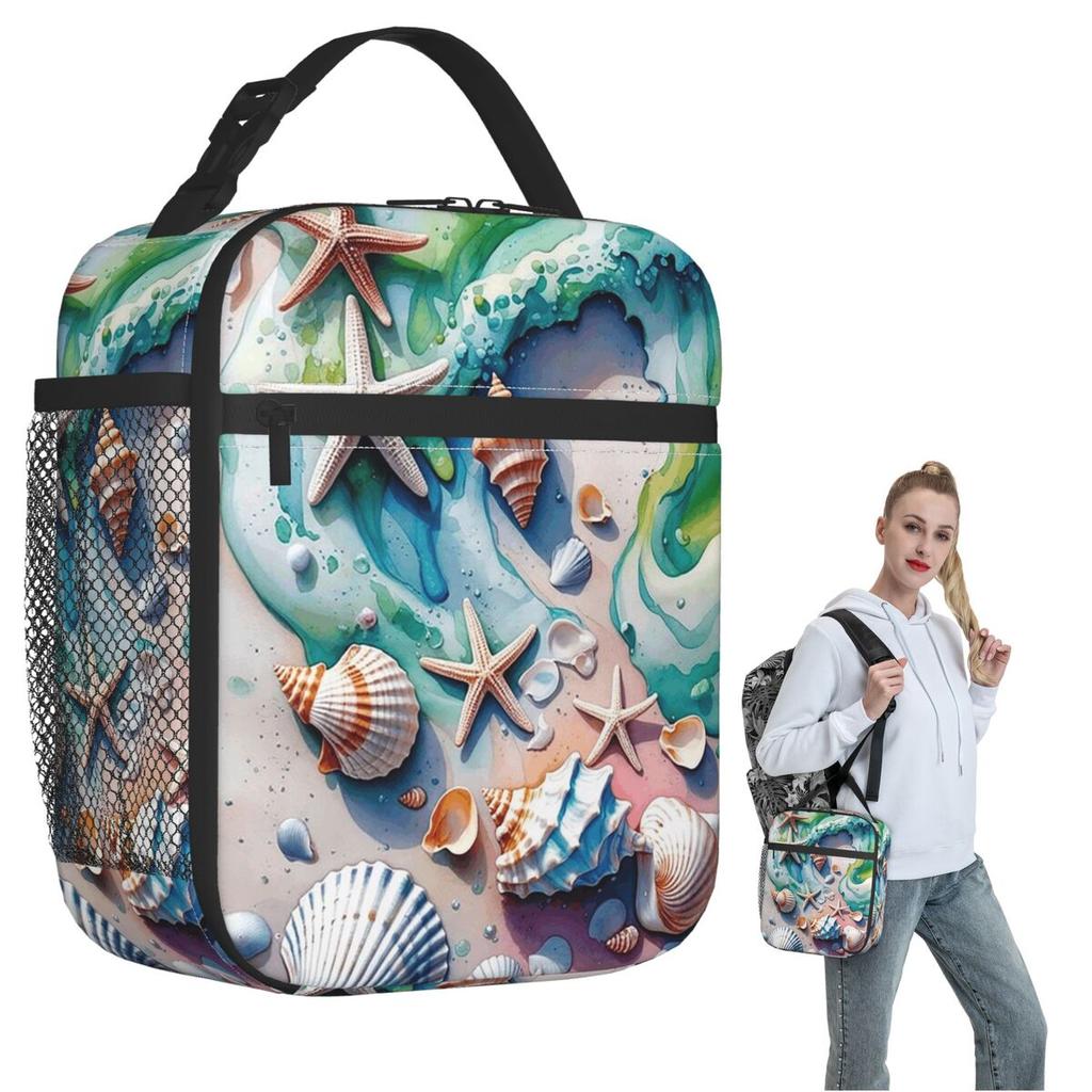Strandmuschel- und Seesternmuster Isoliertes Lunchpaket für Damen und Kinder Tragbare Lebensmittelboxen Thermische Lunchbox Tragetasche