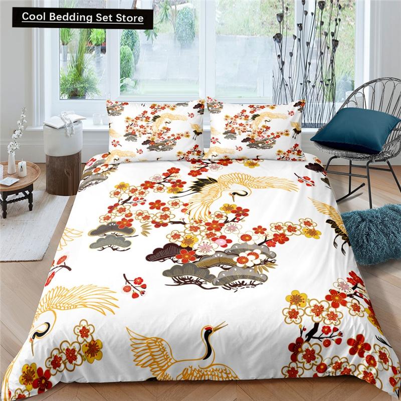 Kranich Gedrucktes Bettwäscheset 3D Rote Japanische Kirschblüten Bettbezug King Queen Größe Floral Wolke 2/3tlg. Polyester Steppdeckenbezug