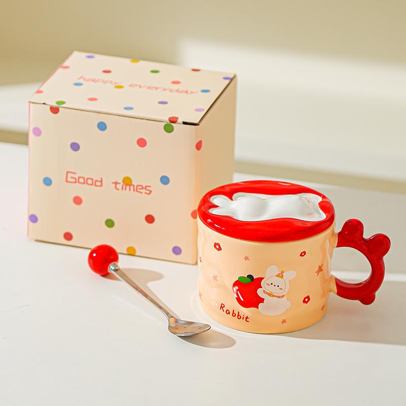 Little Rabbit Cartoon Lid Ceramic Cup Girls High Temperature Resistant Mug Cute Creative Water Cup Office Small Gift Cup