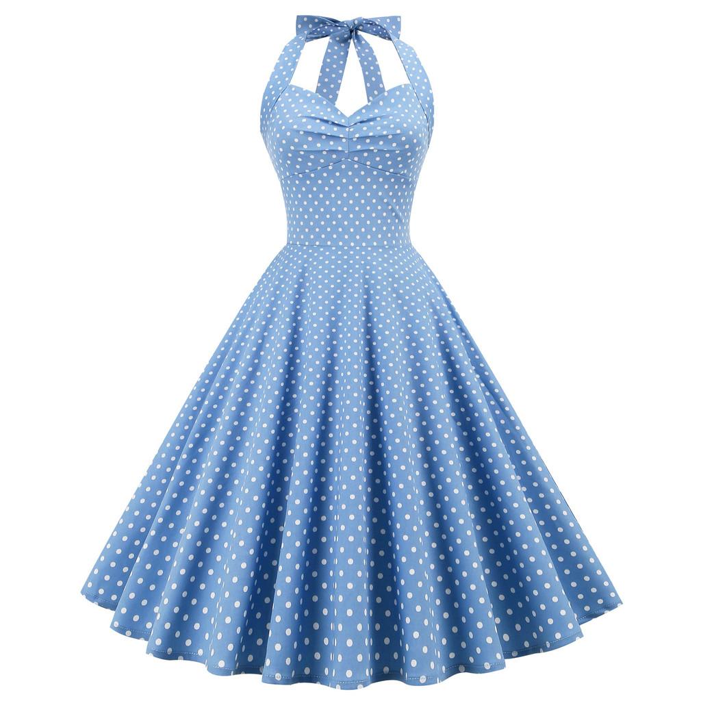 Vintage Polka Dot Cotton Blend Sleeveless Dress With Tie Waist For Casual And Party Wear