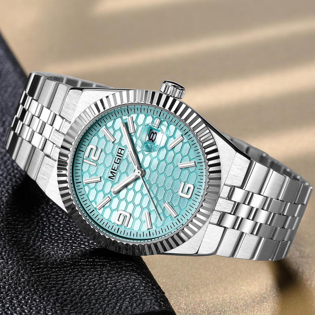 Megir Large Dial Business Leisure Watch Stainless Steel Waterproof Luminous Man Wristwatch Clock Auto Date Gift for Men Reloj Hombre 1101