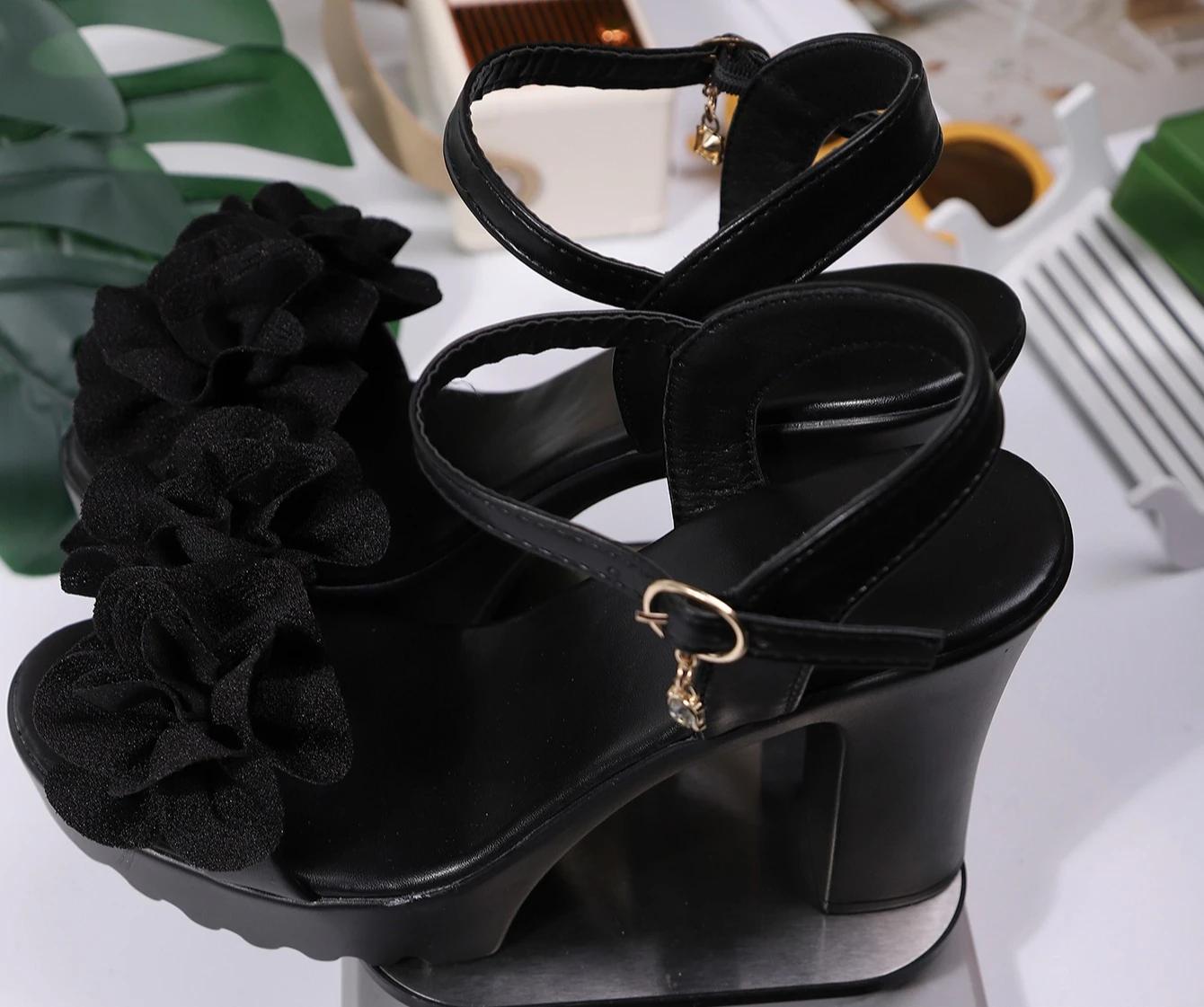 

Fashion 2025 Summer High Heels Sandals Woman Gladiator Open Toe Sexy Peep Toe Chunky Heel Platform Shoes Fashion Floral Women Sandals 36 чёрный