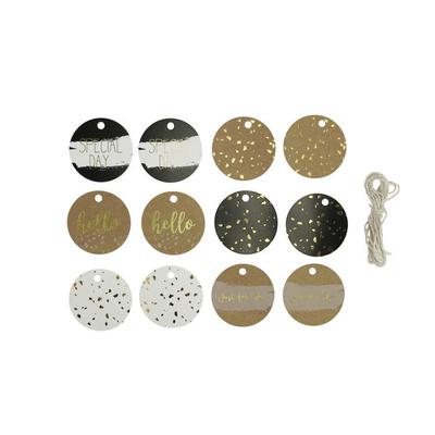 MégaCréa DIY - Etiquette noir blanc kraft et doré 6cm avec cordelette 12 pièces