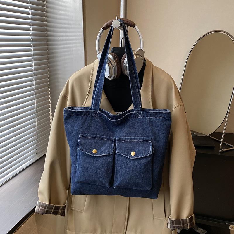Double Pocket Design Denim Shoulder Bags for Women Large Capacity Ladies Students Tote Outing Travel Portable Female Handbags