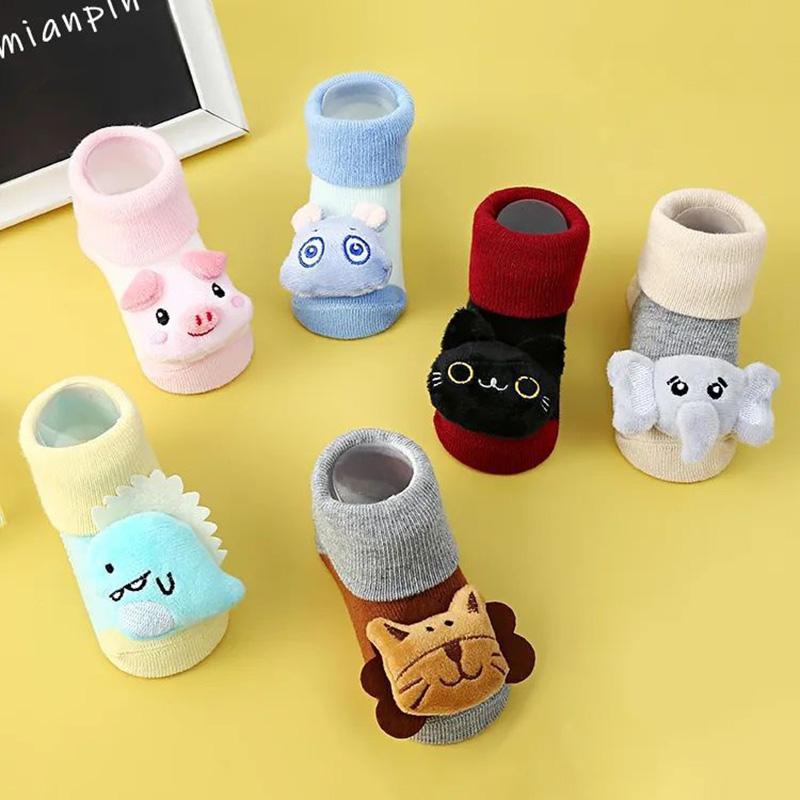 Baby Non-slip Floor Socks 3D Cartoon Doll Socks with Sound Bells for Newborn Infant Boys Girls Barefoot Shoes Kids Indoor Socks