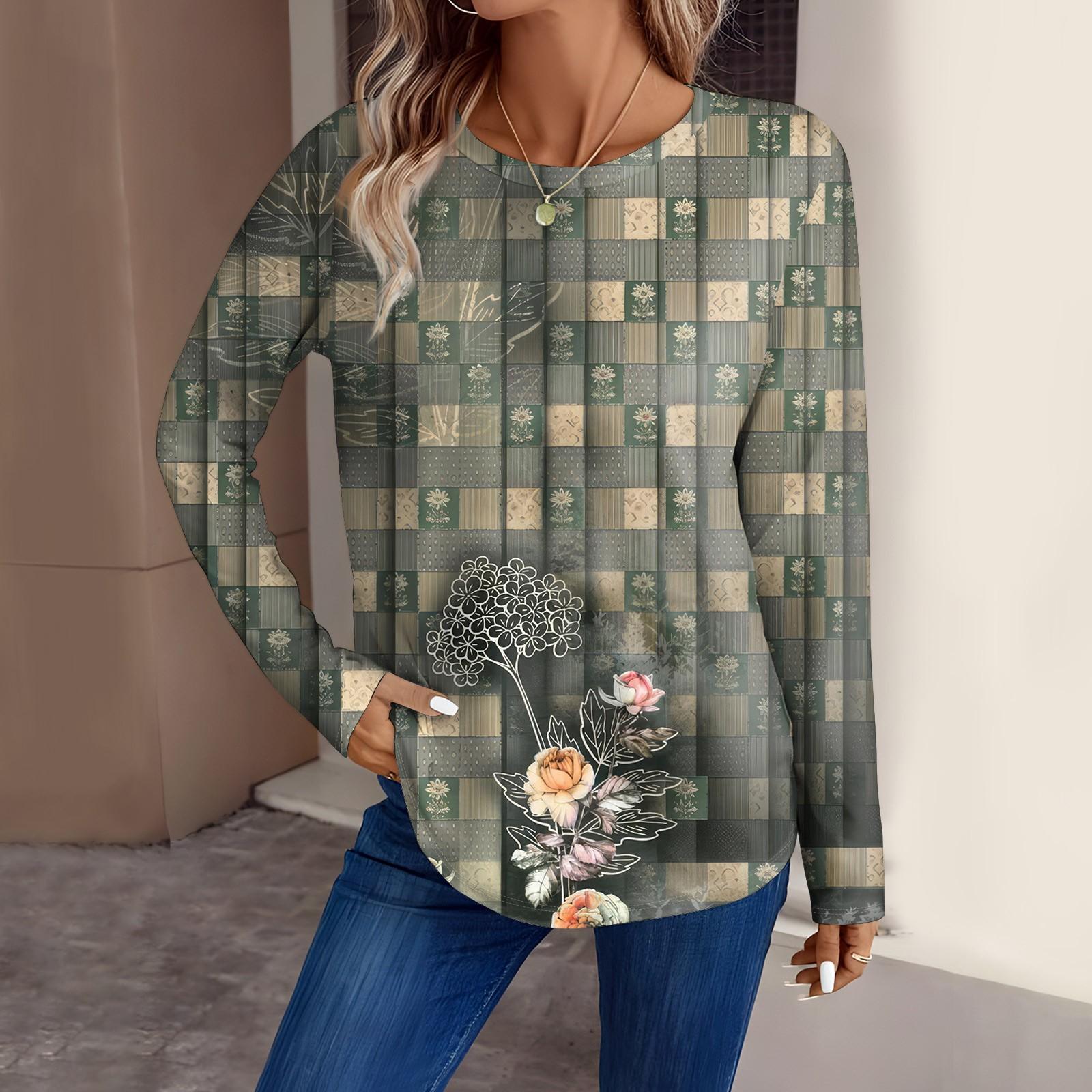 

Женская мода повседневная блузка с длинным рукавом и цветочным принтом, с круглым вырезом L красный