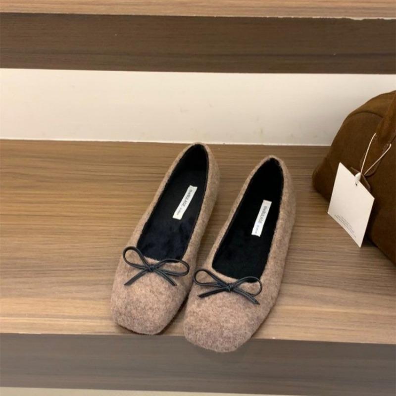 Fashion Women's Flat Shoes Winter New Square Head Shallow Mouth Butterfly Knot Soft Sole Anti-slip Wear-resistant Low-top Shoes