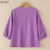 ZANZEA Blusa informal holgada de color liso con cuello redondo y mangas 3/4 para mujer