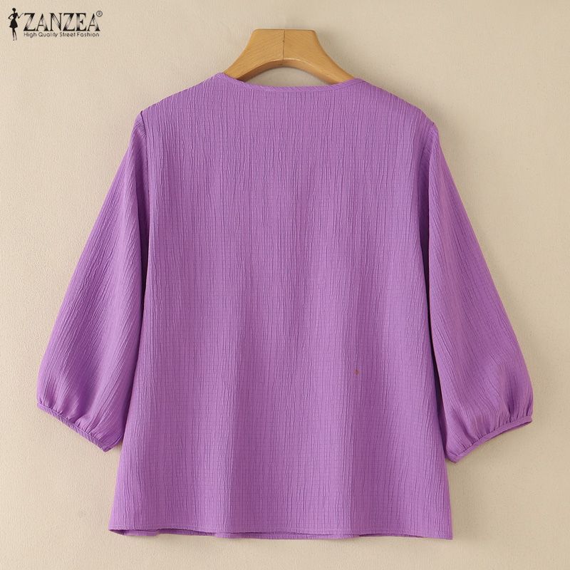 ZANZEA Blusa informal holgada de color liso con cuello redondo y mangas 3/4 para mujer