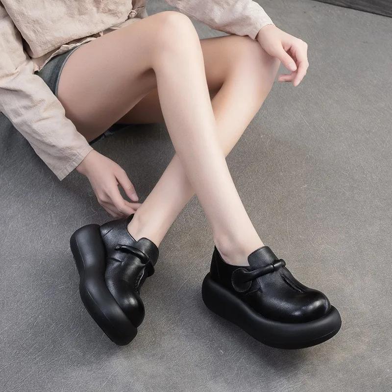 Fashion Summer New Retro Thick Soled Genuine Leather Flats Loafer Simple And Comfortable Casual Commuter Women's Outdoor Walking  Shoes