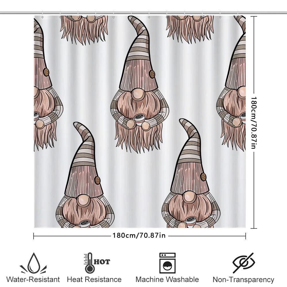 Gnome Shower Curtain Cartoon Nordic Style Gnomes Print Bath Decor For Kids Bathroom, 3D Waterproof Fabric Liner In White