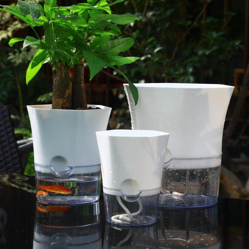Self Watering Flower Pot Plastic Plants Pot Double Layer WIhite Planter Hydroponics Cotton Rope Self Absorbent Lazy Potted Decor