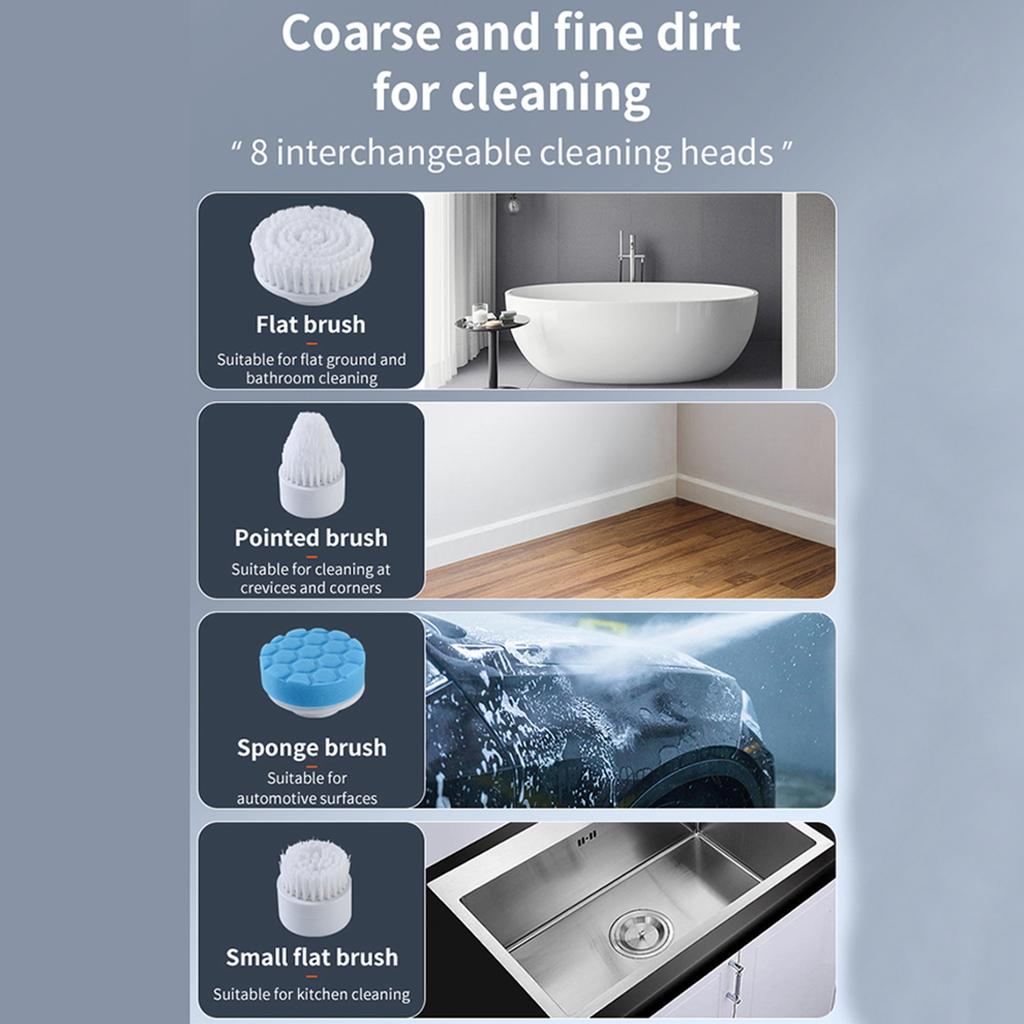 Cordless Electric Spin Scrubber 360 Degrees 3 Speeds Power Cleaning Brush Scrubber with 8 Replaceable Brush Heads and