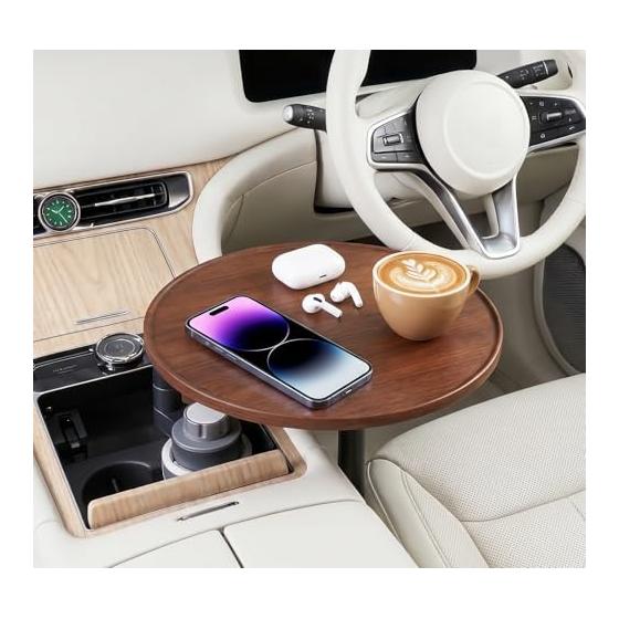 Car table attached to drink holder [Easy to eat and work in the car] Computer table Birch wood + aluminum alloy Can be rotated 360 degrees Can be