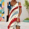 Women Plus Size V Neck Cold Shoulder Short Sleeve Red White Blue Star Stripe Printed Dress
