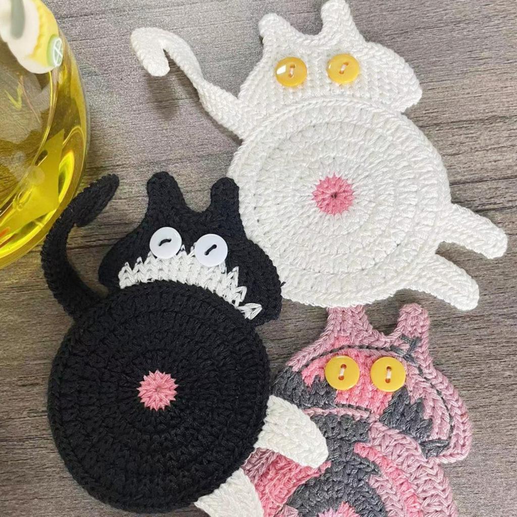 Cat Butt Coasters, Funny Knitted Coaster Set with Paws, Humorous Cat Themed Mug Mats for Coffee Table, Unique Gift for Cat Lovers