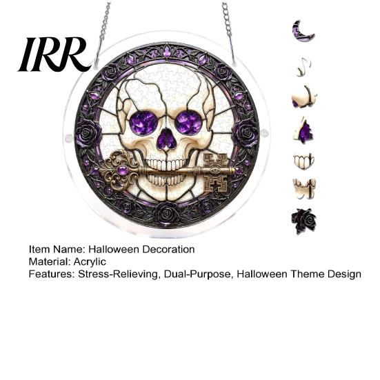 Reusable Halloween Hanging Sign Acrylic Puzzle Decor, 2D Ghost Pumpkin Skeleton Sign, Faux Window Decal Stained Glass Spooky for Party Home