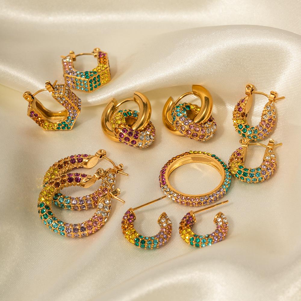 Trendy Gold-Plated Colorful Diamond Hoop Earrings for Women