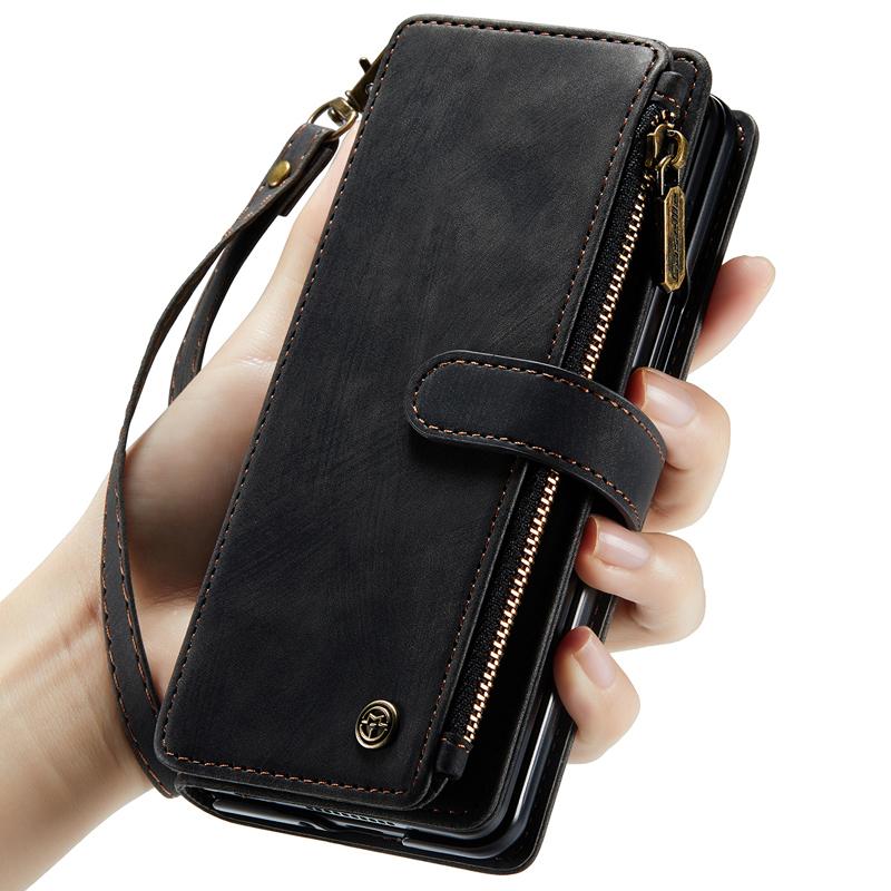Business Retro Wallet Leather Flip Case For Samsung Galaxy Z Fold5 Fold 4 Z Fold 3 Coin Purse Zipper Wrist Strap