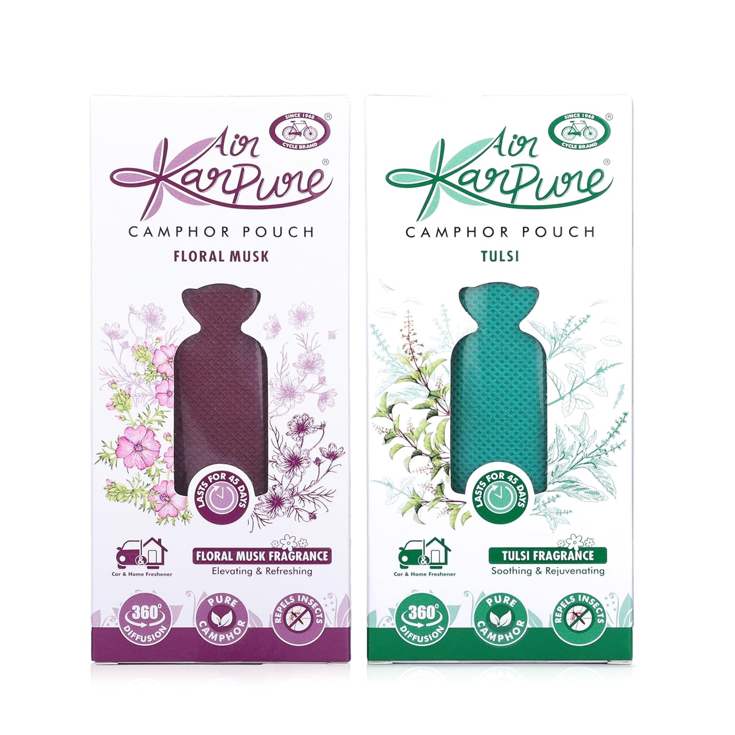 

Cycle Pure Karpure Camphor Pouch Pack of 2 Air Freshener for Home Wardrobe Office Car 120 gm (Thulsi, Floral Musk)
