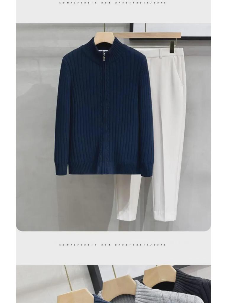 American Autumn/Winter Solid Color Zippered Knit Cardigan: Trendy Korean-Style Men's Outerwear