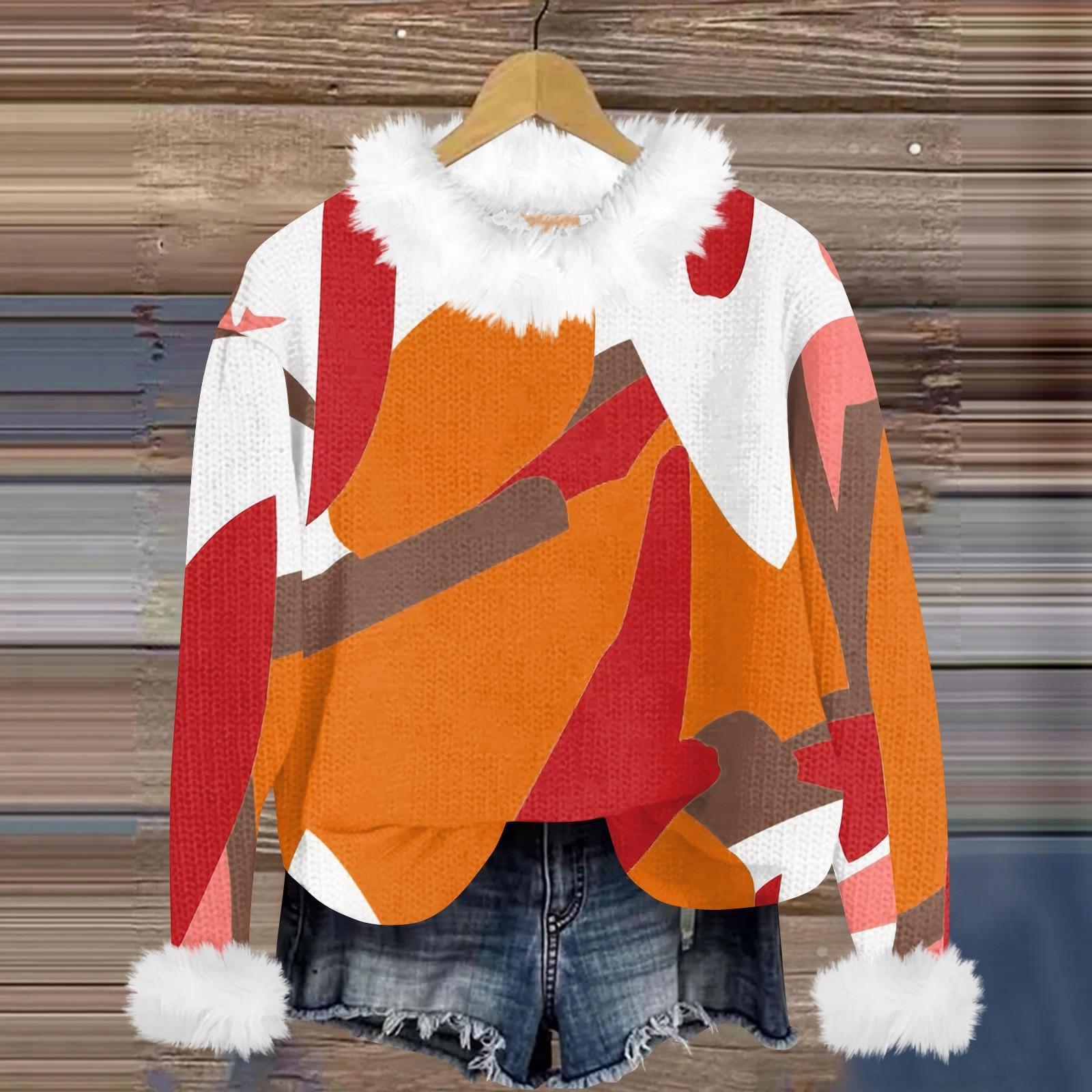 

Свитшоты для женщин Вязаный свитер Милая рубашка Осенний круглый вырез Пуловер с меховым воротником Топы L оранжевый