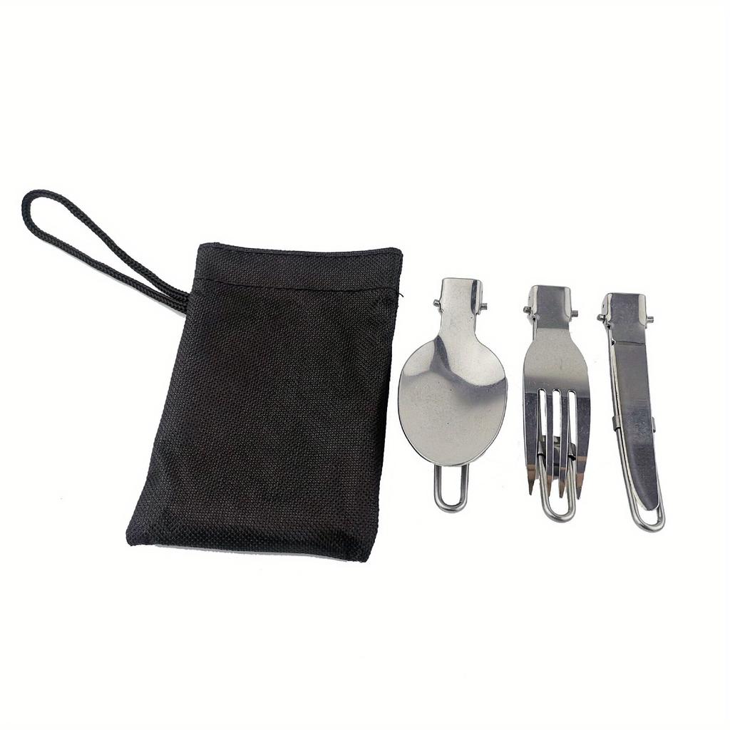 Stainless Steel Camping Tableware Set Of 3 With Folding Spoon Fork Knife And Storage Bag, Outdoor Camping Portable Tableware
