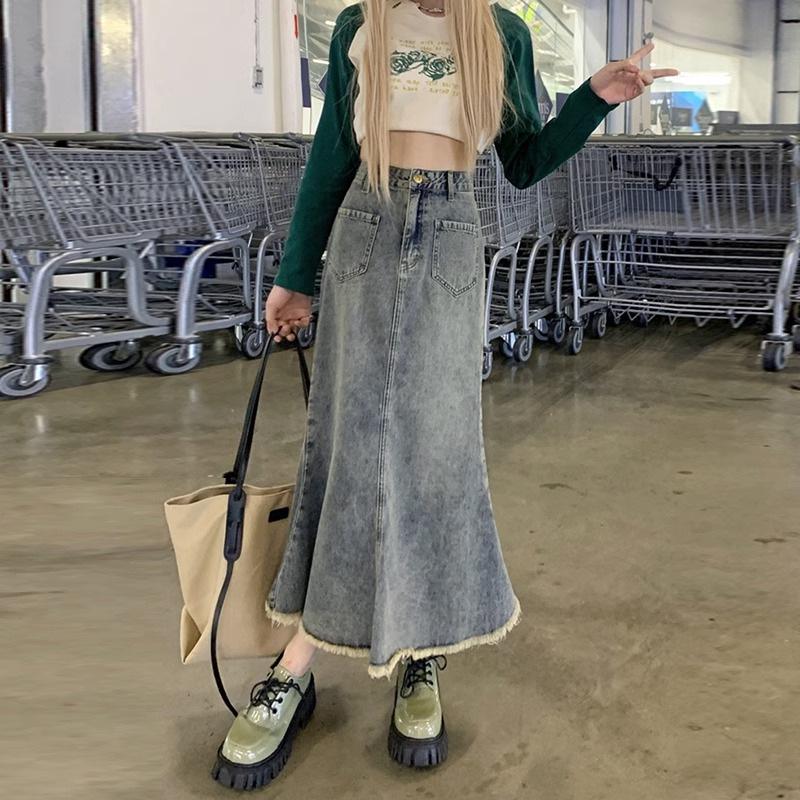 Vintage Washed Fishtail Denim Skirt - Women's High Street Raw Edge Design