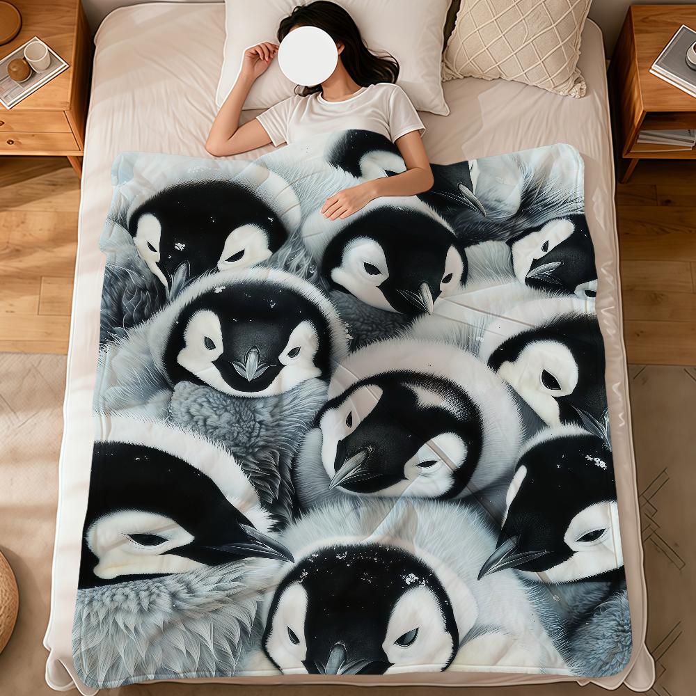 Kawaii Funny Art Penguin Family Soft Warm Plush Blanket for Dormitory Sofa Living Room Pet Hogar Bedroom Gift Nap Home Flannel