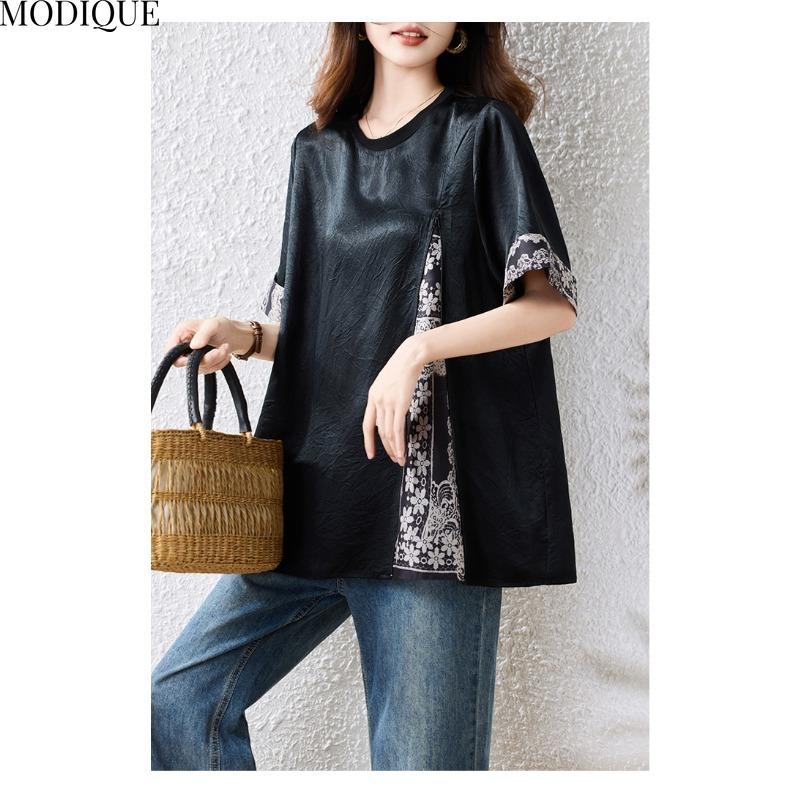 MODIQUE Spring Summer Plus Size New Women Loose Vintage Print Blouse Shirts Female Casual Oversize Spliced Short Sleeve O-Neck Top Folk