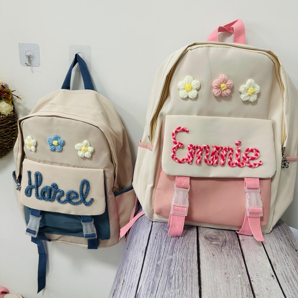 Personalized Hand-Embroidered Snap Backpack Travel Waterproof 2025 New Large Capacity Flower Decoration Simple Bags for Students