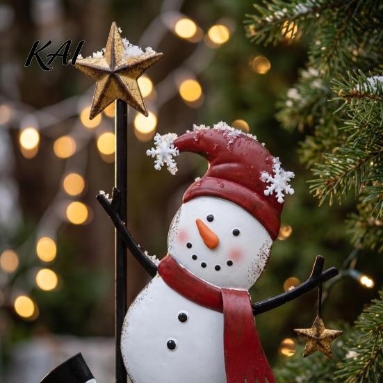 Decorative Holiday Post Vintage Metal Christmas Snowman Ground Stake, Distressed Yard Sculpture with Three Climbing Snowmen Entryway Decoration