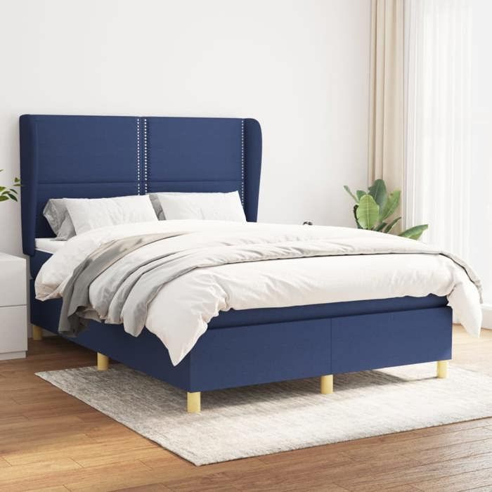 Lit avec matelas - Maison Exclusive - 140x200 cm - Tête de lit réglable - Tissu bleu - Ressorts ensachés