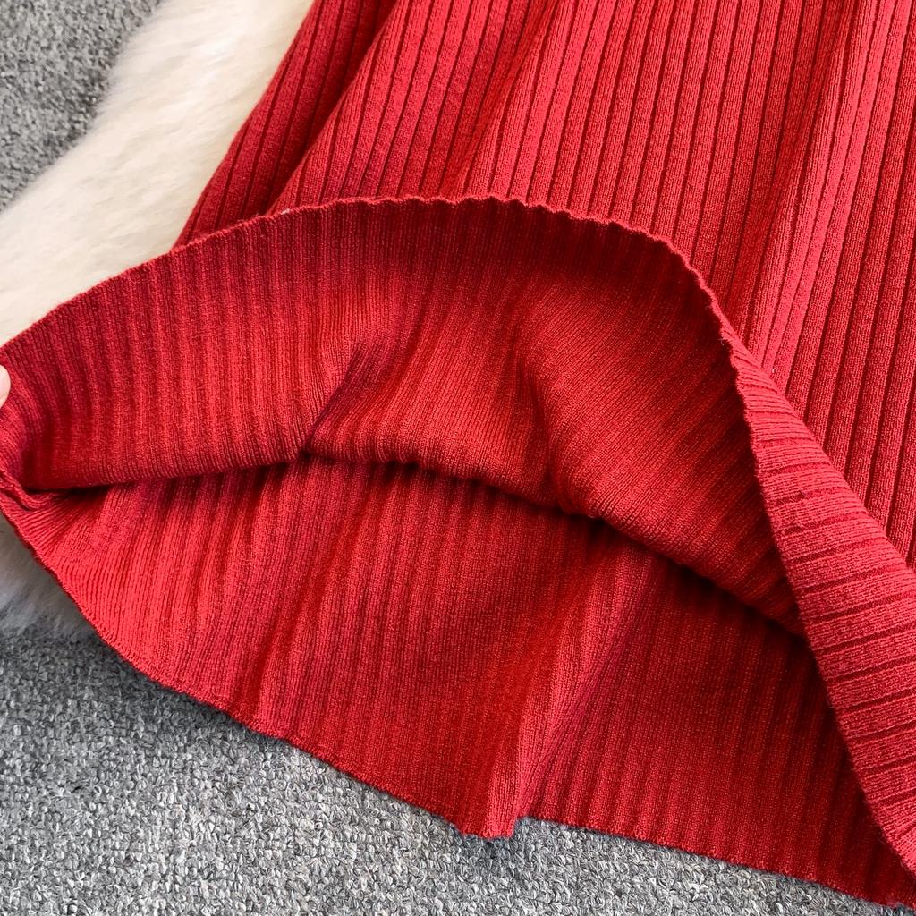 Autumn Winter Women Elegant Polo Collar Knitted Sweater Red Long Midi Pullover Dresses