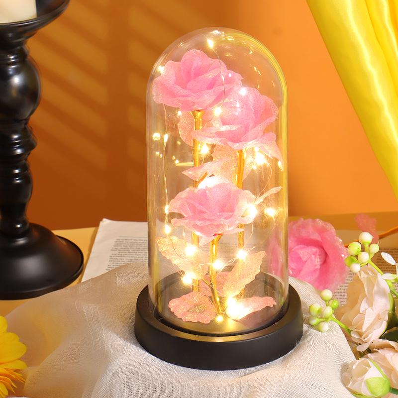 Luminous LED Rose Glass Dome Ornament with Three Flowers - Valentine's Day Bestseller Gift