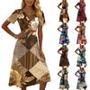 Women's Casual Vintage Floral Print Short Sleeve V Neck Dress Knee Length Lightweight Summer Dress for Daily Wear