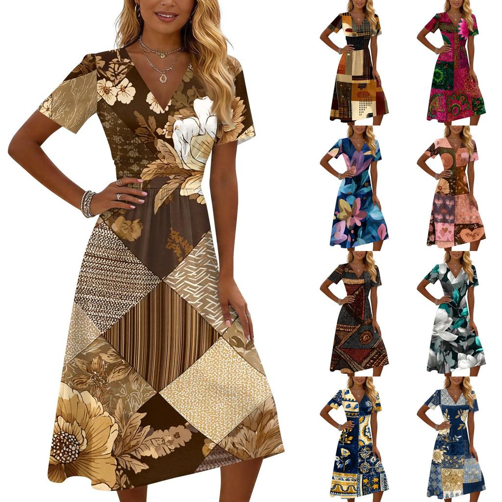 Women's Casual Vintage Floral Print Short Sleeve V Neck Dress Knee Length Lightweight Summer Dress for Daily Wear