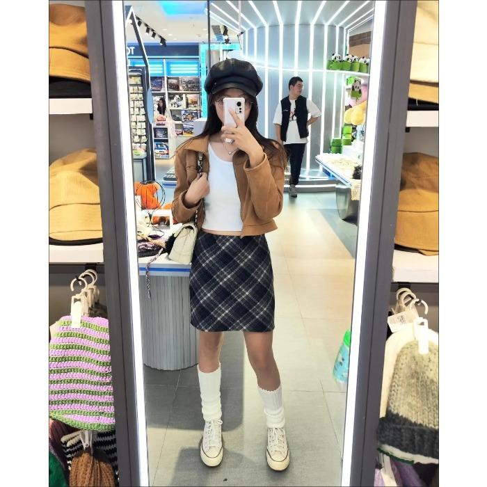 Jupe en Laine Taille Haute pour Femme Hiver A Ligne Plaid Moulante Mini Jupe Mode Rétro