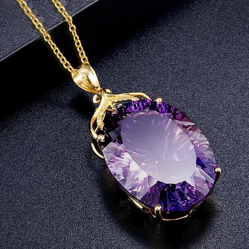 Oval Amethyst Pendant Necklace, Large Purple Zircon Jewelry