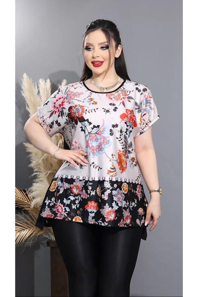 Bluză de damă mărime mare Bluză cu fantă micro în față cu model floral