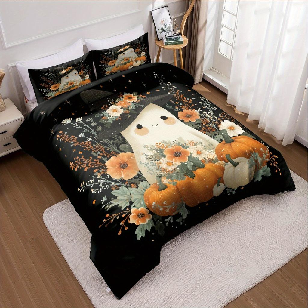 3pcs Halloween Pumpkin Monster Duvet Cover Set without Core Quilt Cover with 2 PillowcasesSoft and Machine Washable