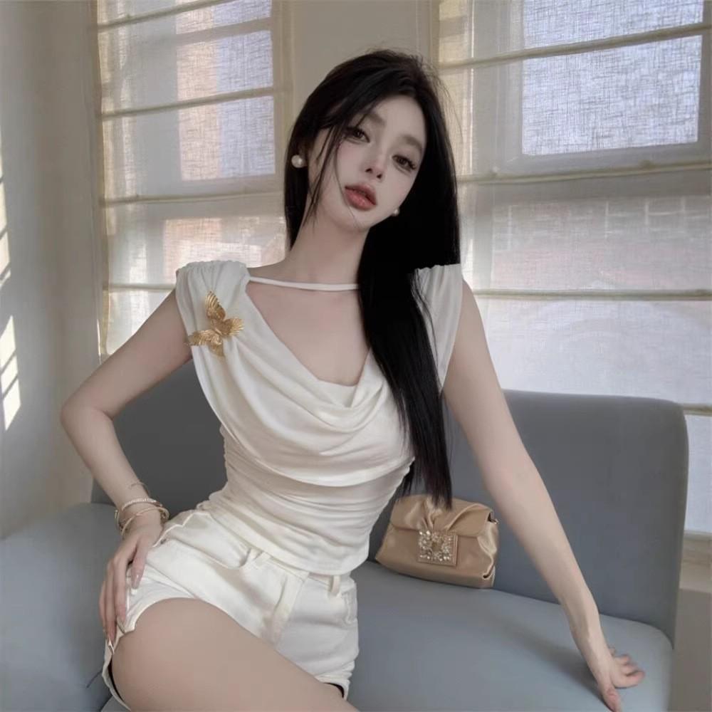 Summer New Korean Version of Pure Desire, Sexy White Butterfly Brooch, Slim and Thin, Sleeveless Short Top for Women