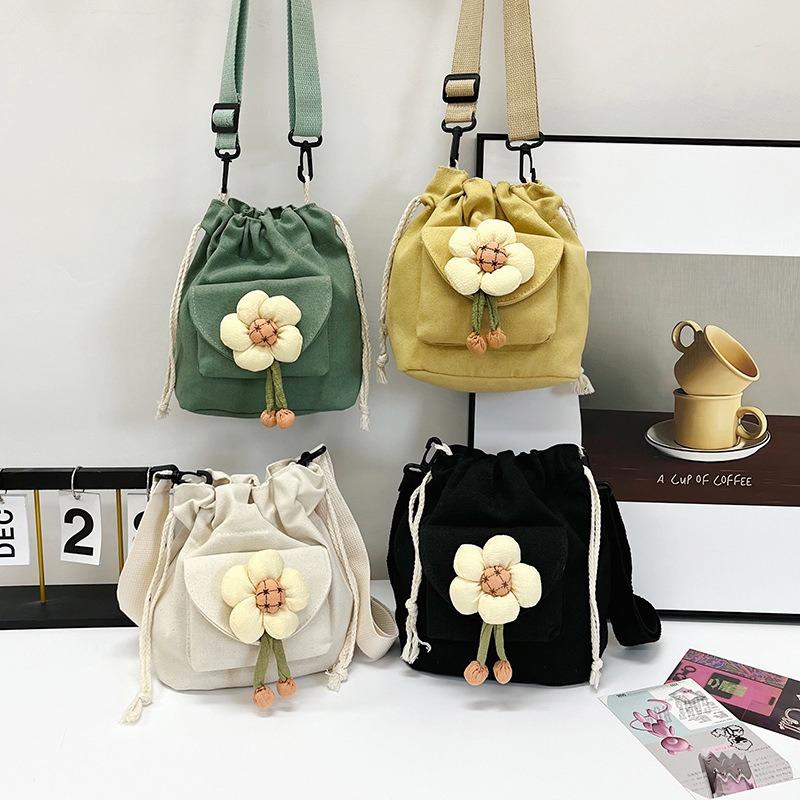 Casual Versatile Shoulder Bag Women's Bag Small Fresh Drawstring Bundle Bucket Bag Cute Flower Canvas Messenger Bag